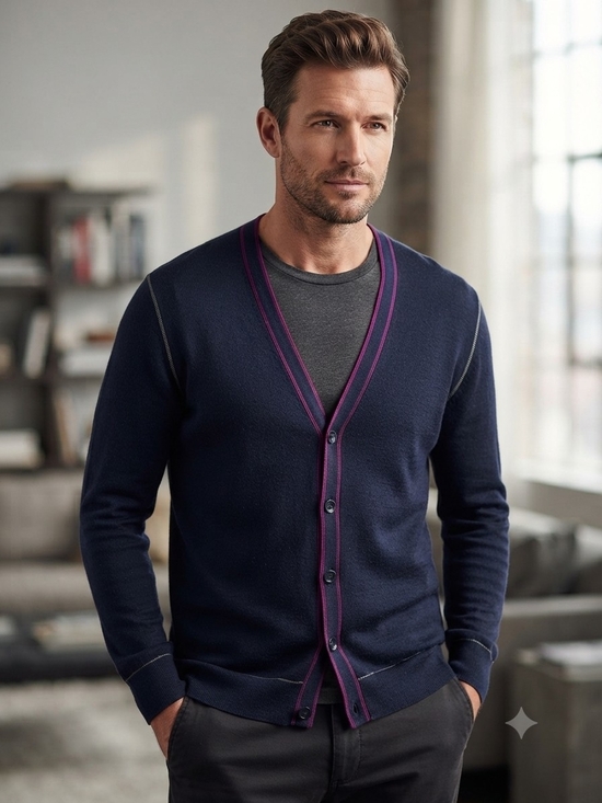 Hugo Boss Other - Hugo Boss Navy Button Up Cardigan with Purple Trim Size Large